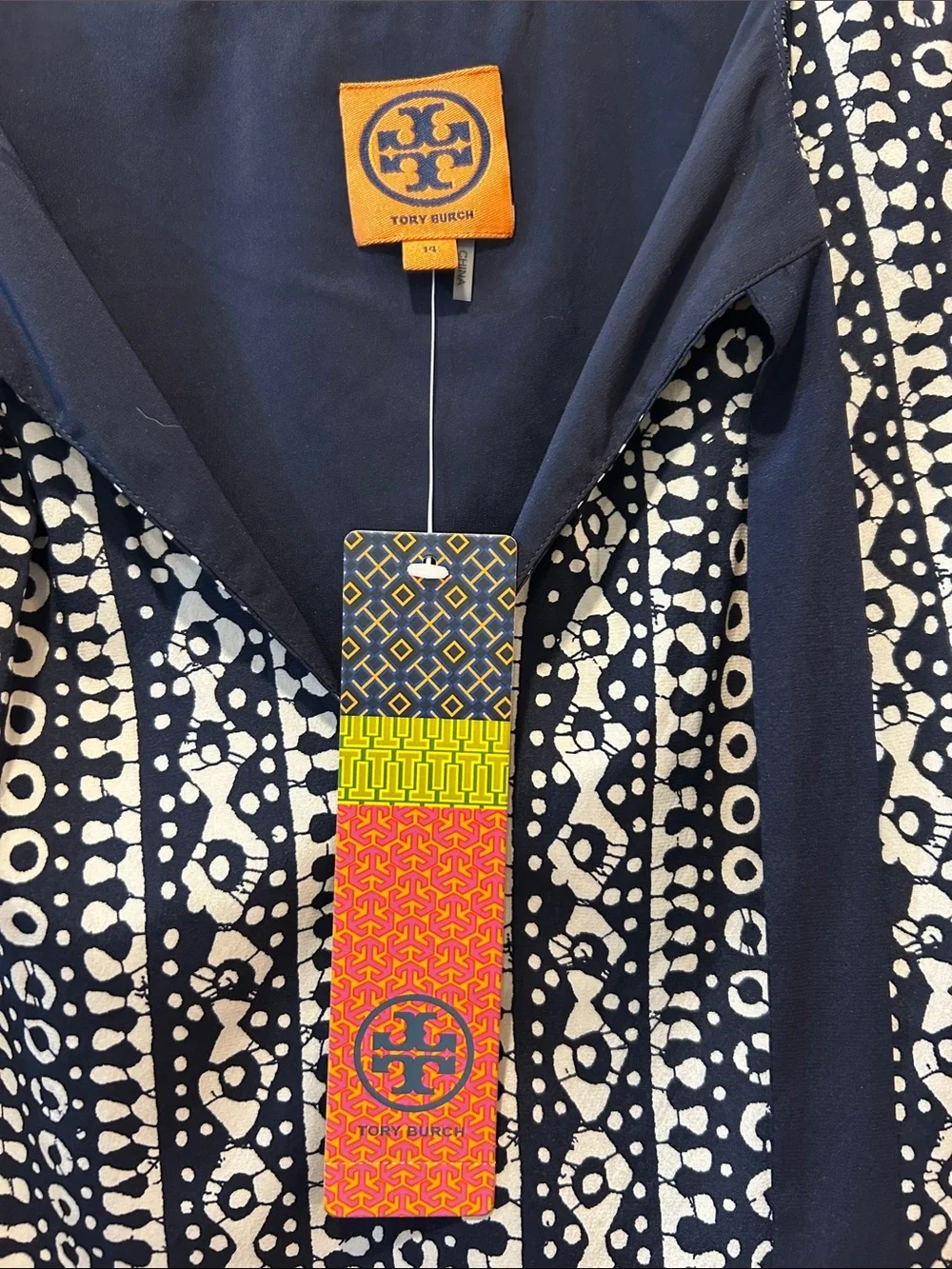 Tory Burch Navy and White Printed Sleeveless Blouse with Geometric Pattern
